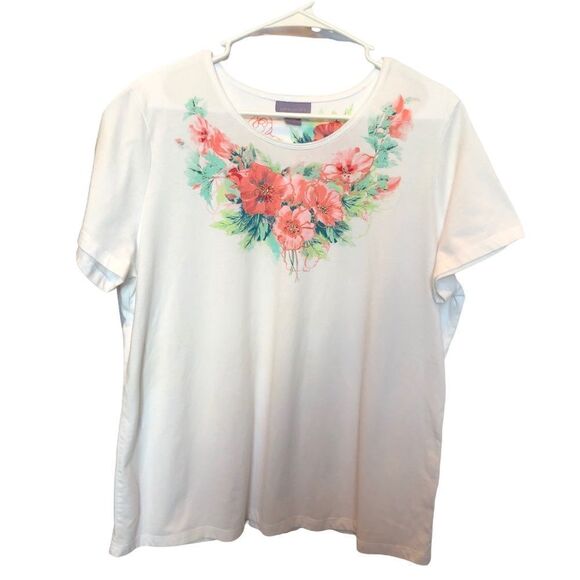 Laura Scott Tee white with pink and green floral pattern below neck XL - Picture 1 of 7